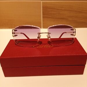 Cartier C decor Purple Tint Gold Wire Diamond Cut Lens Rimless Glasses